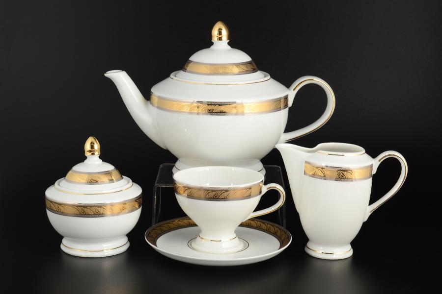 Фарфоровый чайный сервиз на 6 персон 17 предметов Кристина Платиновая золотая лента