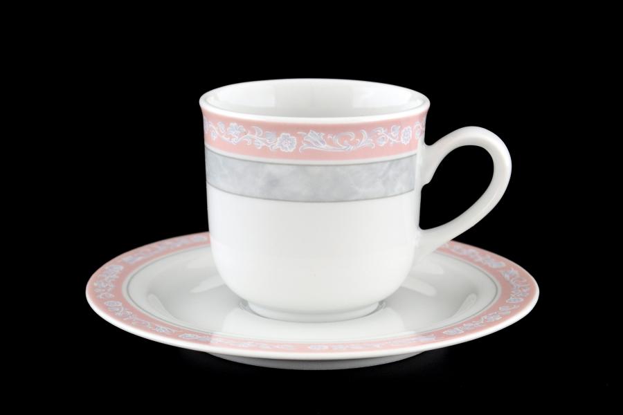 Фарфоровый Комплект кофейных пар Thun Яна Серый мрамор с розовым кантом 145мл (6 пар)