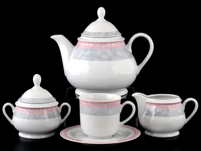 Фарфоровый чайный сервиз на 6 персон Thun Яна серый мрамор с розовым кантом 17 предметов