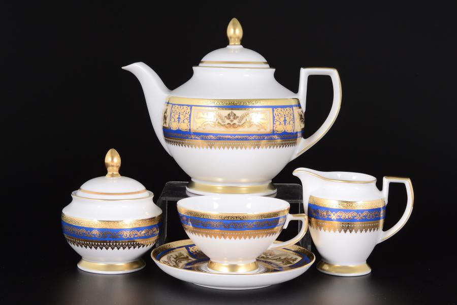 Фарфоровый чайный сервиз Falkenporzellan Diadem Blue Creme Gold 6 персон 17 предметов