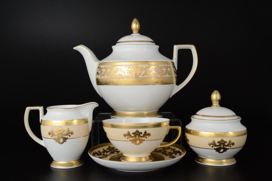 Фарфоровый чайный сервиз на 6 персон 17 предметов 3D Creme Gold