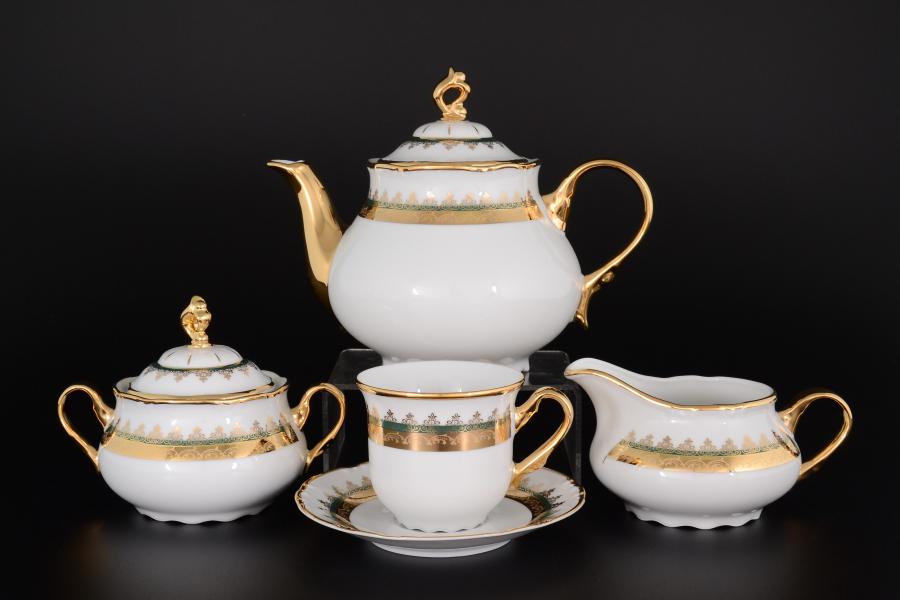 Фарфоровый чайный сервиз Thun Констанция Изумруд Золотой орнамент 6 персон 17 предметов