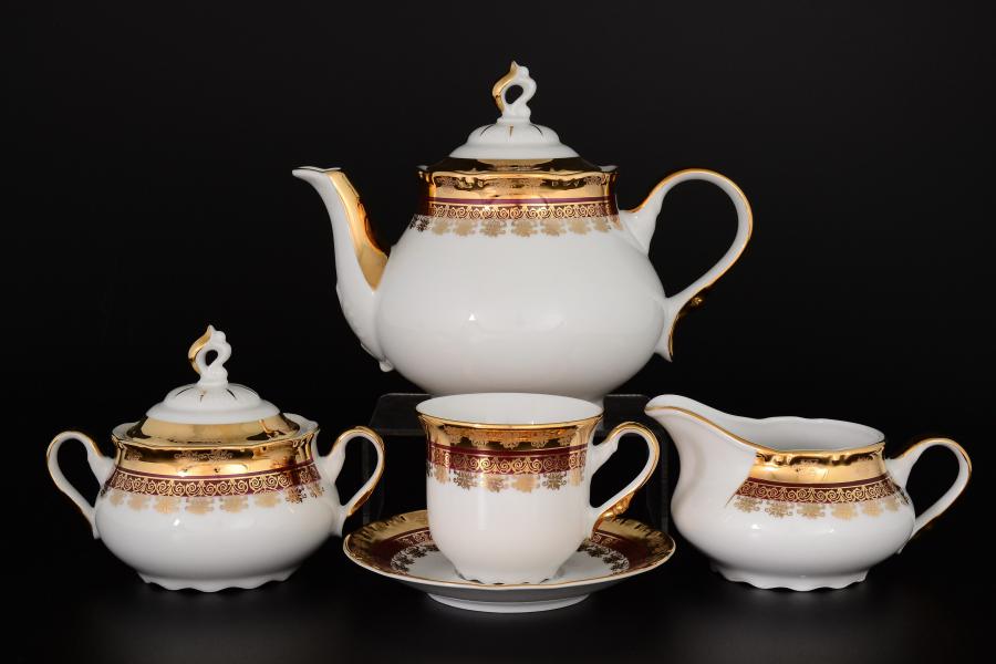 Фарфоровый чайный сервиз на 6 персон 15 предметов Констанция Рубин Золотой орнамент