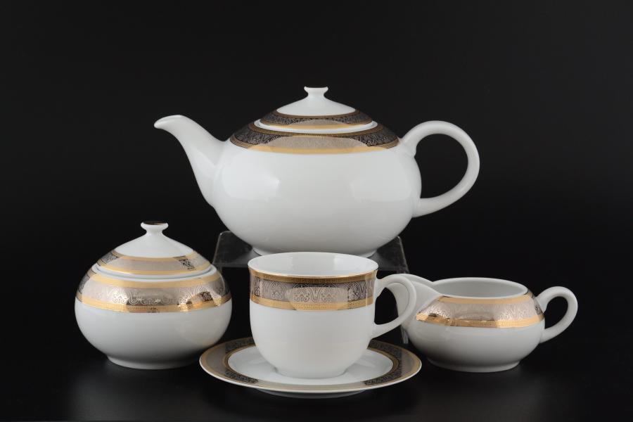 Фарфоровый чайный сервиз на 6 персон 17 предметов Опал Широкий кант платина золото