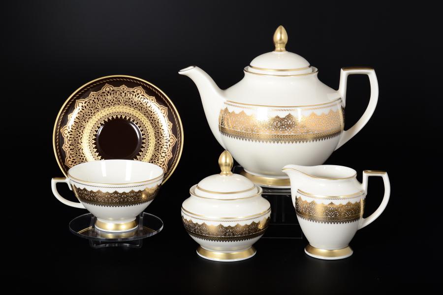 Фарфоровый чайный сервиз  Falkenporzellan Agadir Brown Gold 6 персон 17 предметов