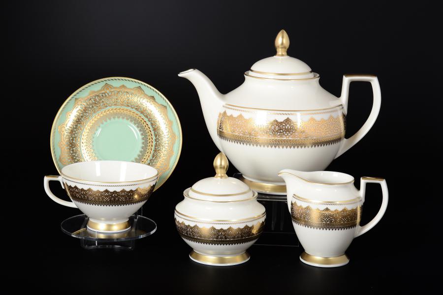 Фарфоровый чайный сервиз Falkenporzellan Agadir Seladon Gold 6 персон 17 предметов