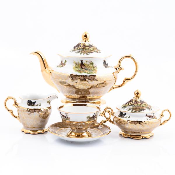 Фарфоровый чайный сервиз на 6 персон 17 предметов Охота Бежевая Sterne porcelan