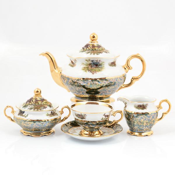 Фарфоровый чайный сервиз на 6 персон 17 предметов Охота Зеленая Sterne porcelan