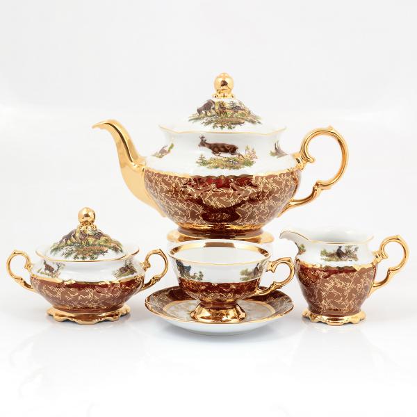 Фарфоровый чайный сервиз на 6 персон 17 предметов Охота Красная Sterne porcelan